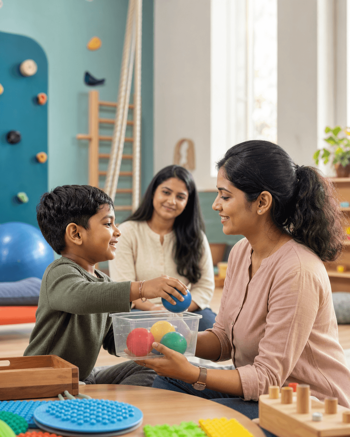 Child participating in a sensory-development activity with an occupational therapist